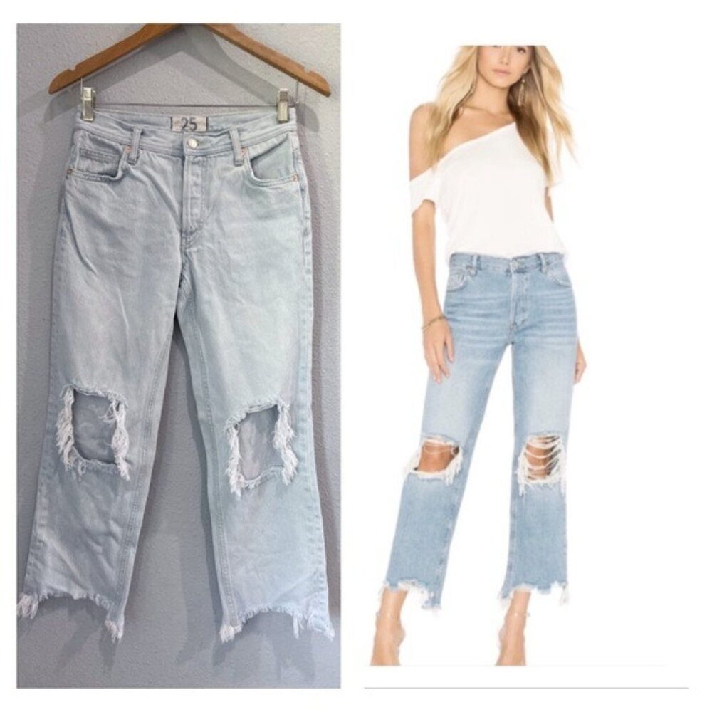 Free People Boho Baggy Distressed Western Light Jeans Button Fly